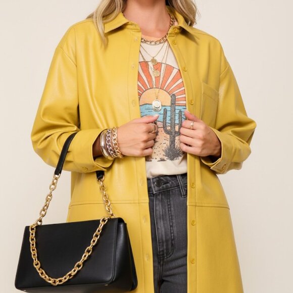 LUMIERE Mustard Faux Leather Shacket, Oversized Button Down Jacket Top - Picture 1 of 7